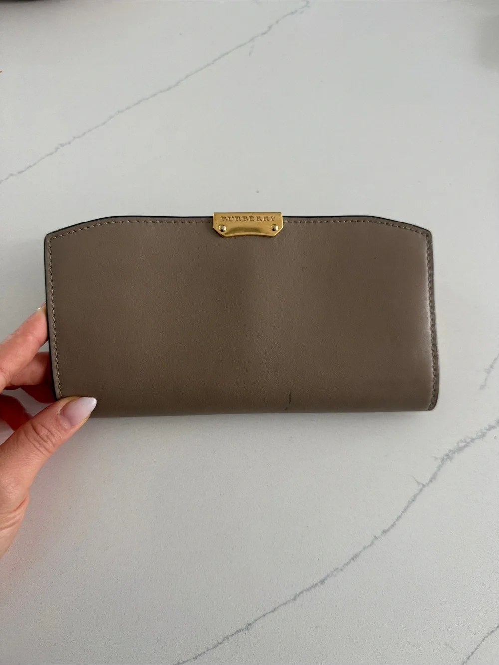 Burberry Taupe Leather Zip Continental Wallet with Gold Plaque